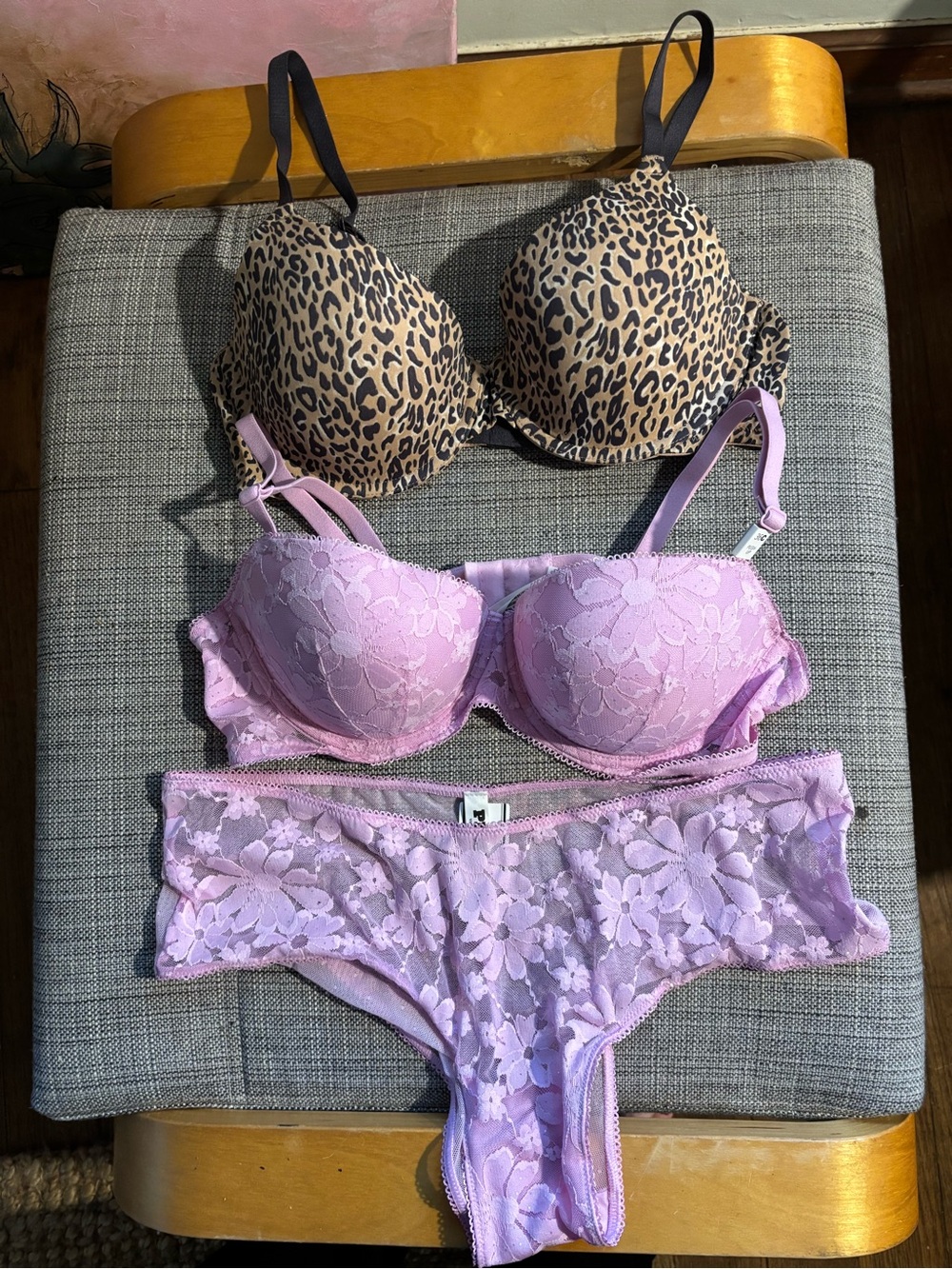 VS PINK Leopard Print, Pink Lace Bra & Panty Set, Black T-Back Rhinestone Bra